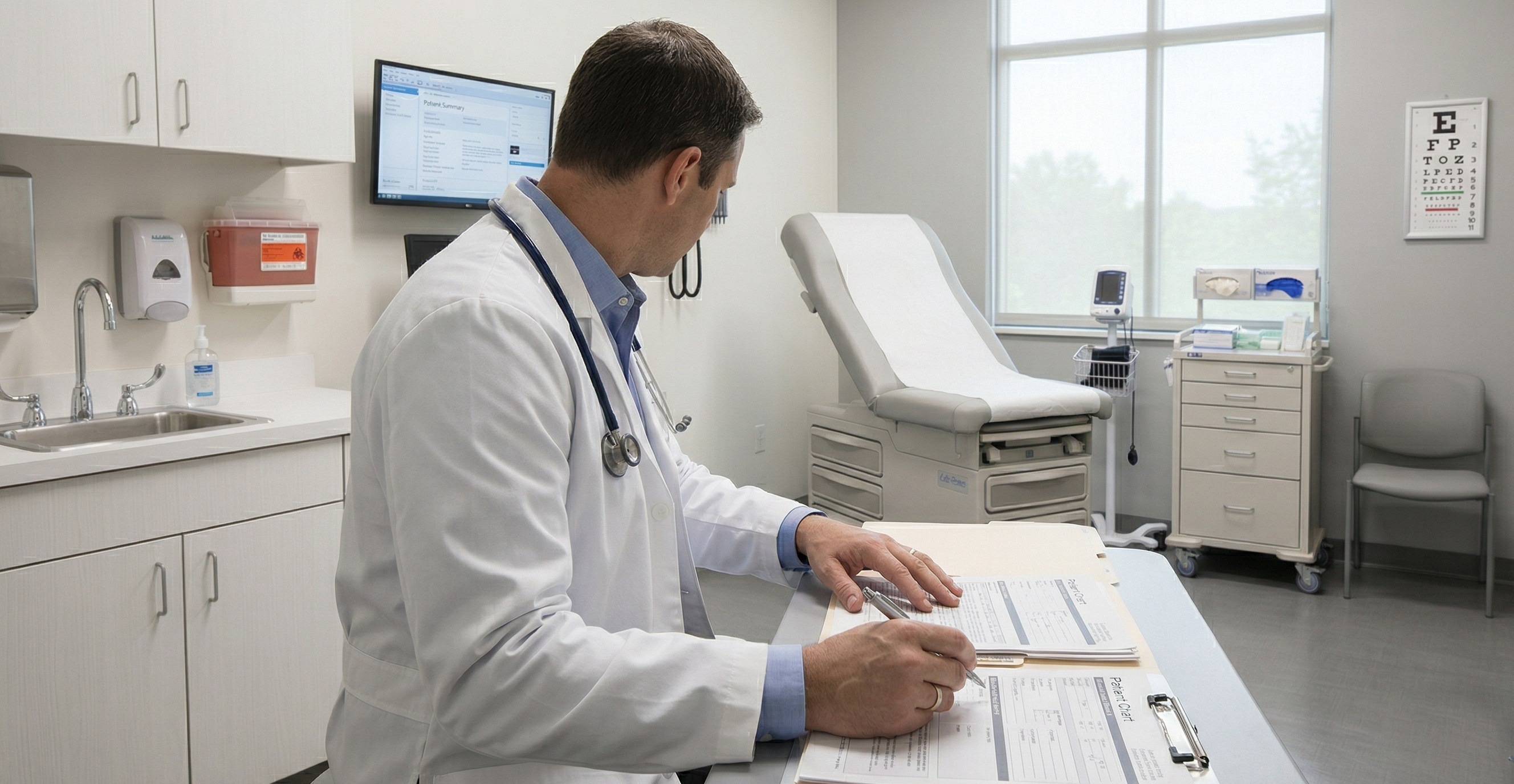 Physician reviewing medical records during IME evaluation